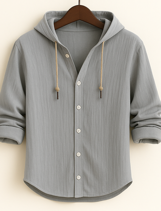 Light grey hooded shirt jacket with button front and drawstring hood ties
