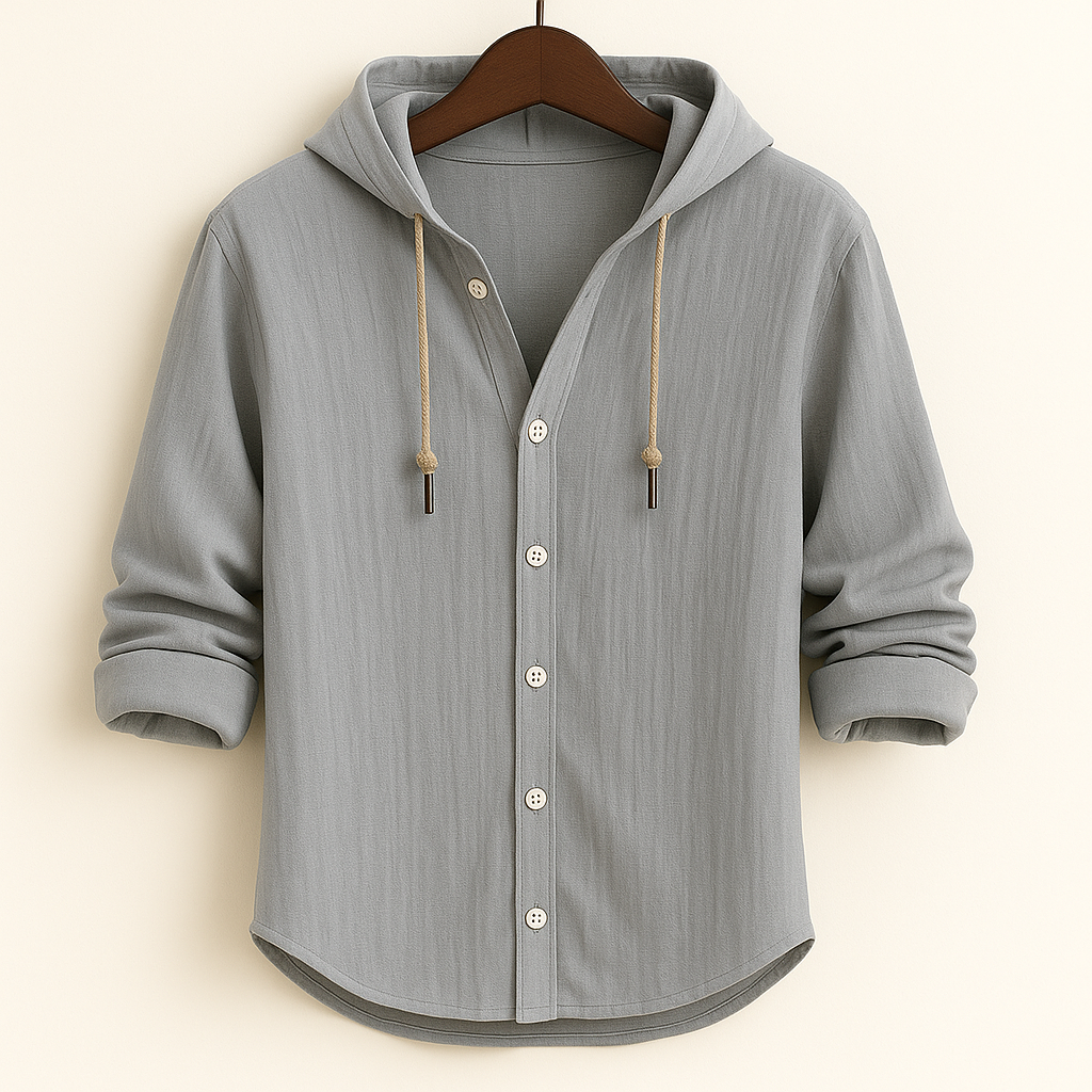 Light grey hooded shirt jacket with button front and drawstring hood ties