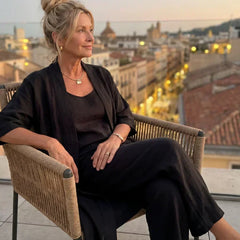 Black 3-piece lounge set: scoop tank, wide-leg pants, and relaxed kimono layer