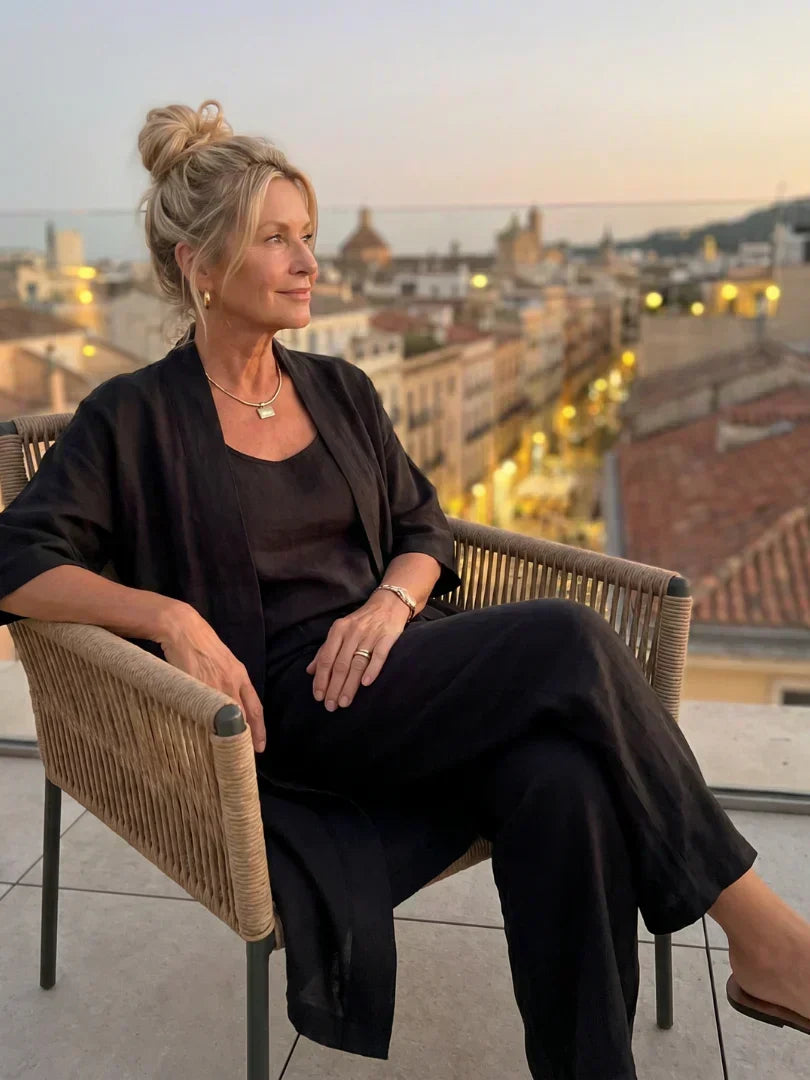 Black 3-piece lounge set: scoop tank, wide-leg pants, and relaxed kimono layer