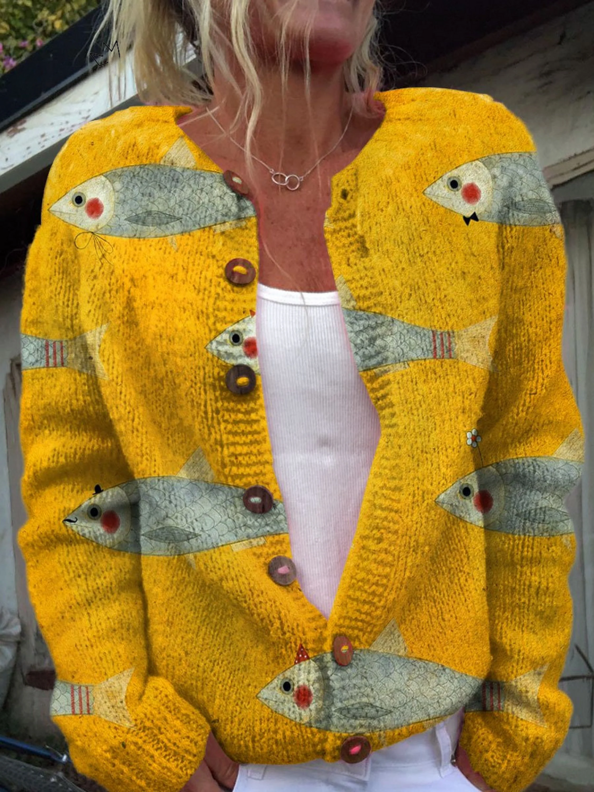 Mustard knit cardigan sweater with V-neck, button front, fish applique panels