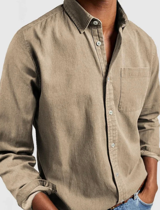Tan/beige denim shirt with button-up front and chest pocket