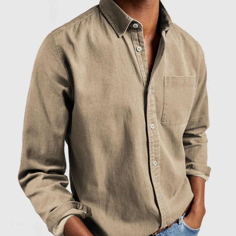 Tan/beige denim shirt with button-up front and chest pocket