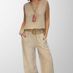 Beige boho two-piece set: sleeveless top and wide-leg pants with belt