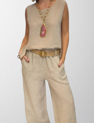 Beige boho two-piece set: sleeveless top and wide-leg pants with belt