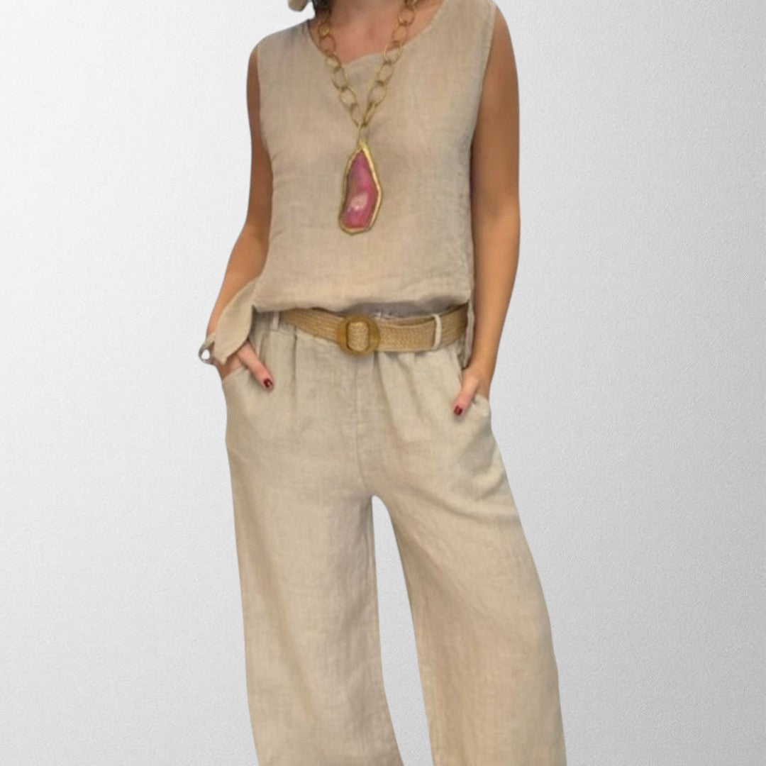 Beige boho two-piece set: sleeveless top and wide-leg pants with belt