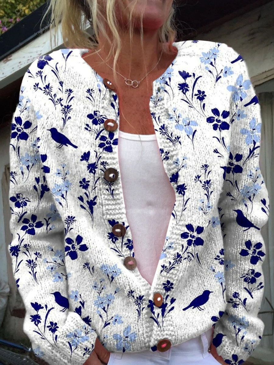 Merivelle™ women's knit cardigan sweater, white knit with blue floral bird print, button front