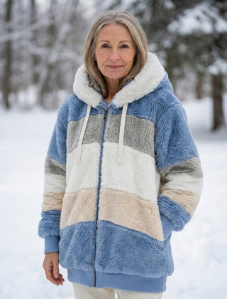 Plush colorblock jacket in blue, cream, and gray with zip front and hood