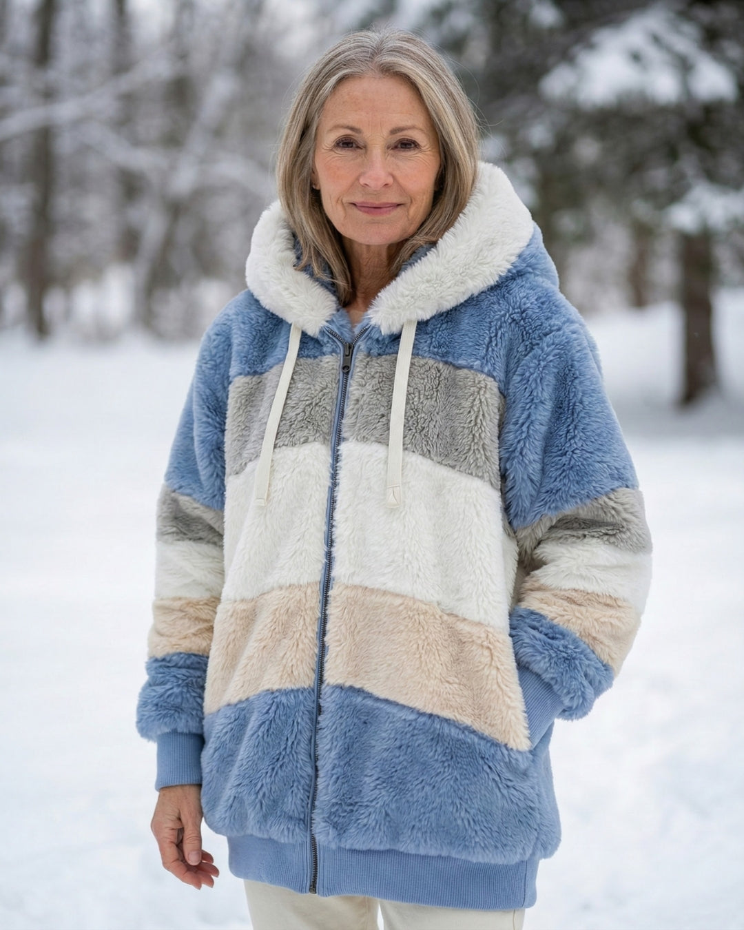 Plush colorblock jacket in blue, cream, and gray with zip front and hood