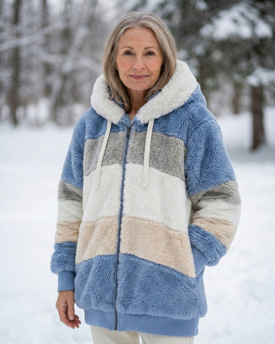 Plush colorblock jacket in blue, cream, and gray with zip front and hood