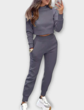 Dark grey casual tracksuit set with cropped sweatshirt and matching jogger pants