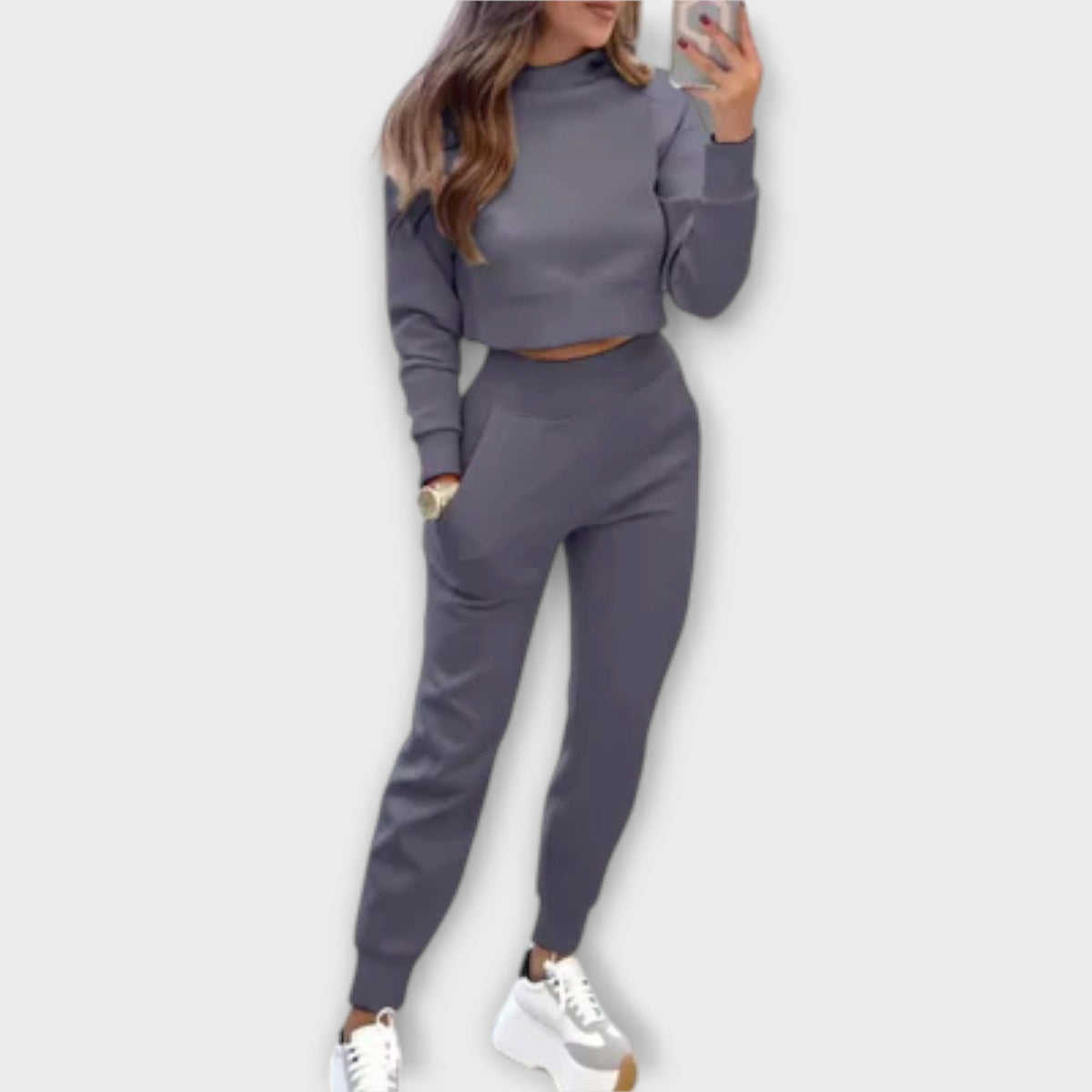 Dark grey casual tracksuit set with cropped sweatshirt and matching jogger pants