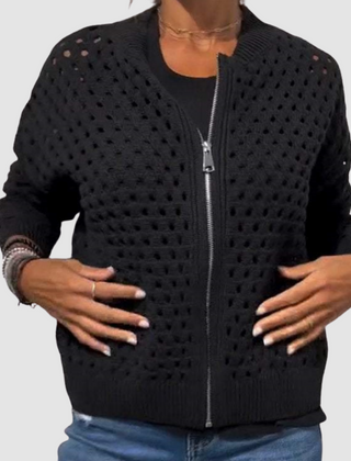 Black openwork knitted cardigan with full front zipper and ribbed cuffs and hem