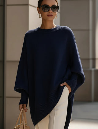 Brown drop-shoulder knit jumper with ribbed crew neck and draped asymmetrical hem