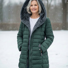Dark green hooded puffer coat with grey fleece lining, front zipper, and drawcord toggle