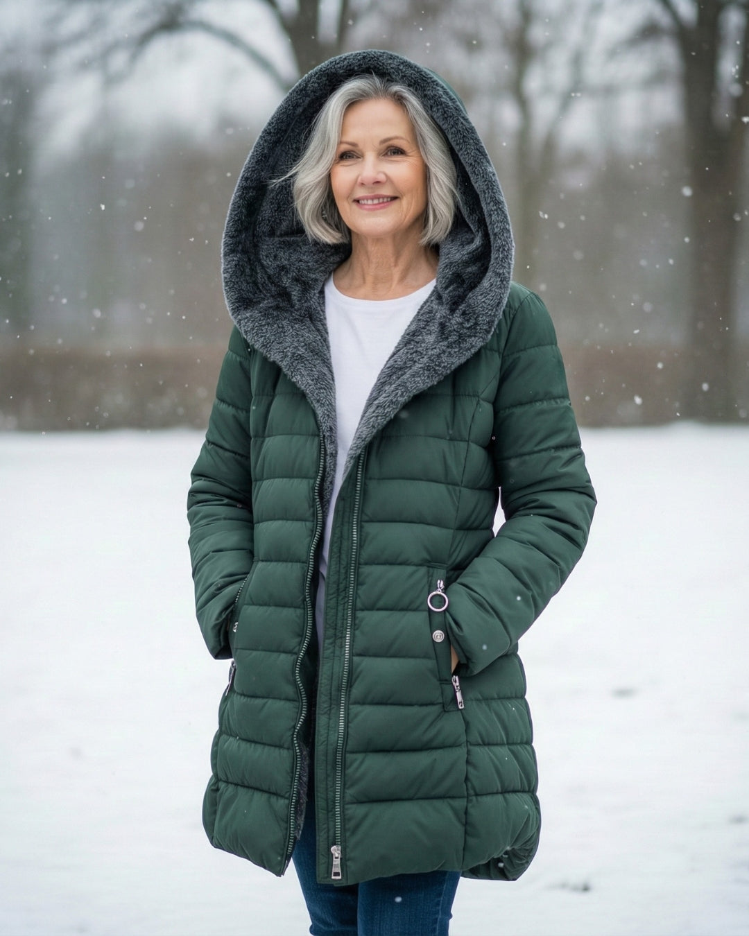 Dark green hooded puffer coat with grey fleece lining, front zipper, and drawcord toggle