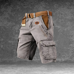 DUNMERE utility shorts in grey with cargo side pockets and logo patch