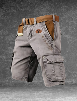 DUNMERE utility shorts in grey with cargo side pockets and logo patch