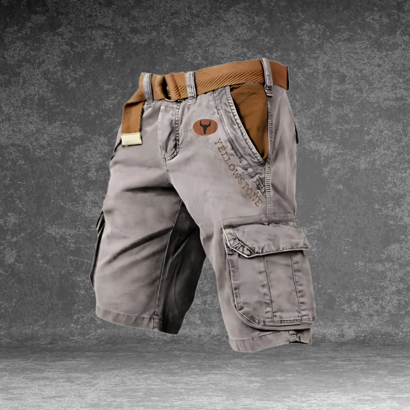 DUNMERE utility shorts in grey with cargo side pockets and logo patch