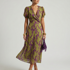 Floral midi wrap dress with V-neck, puff sleeves, and flowing skirt