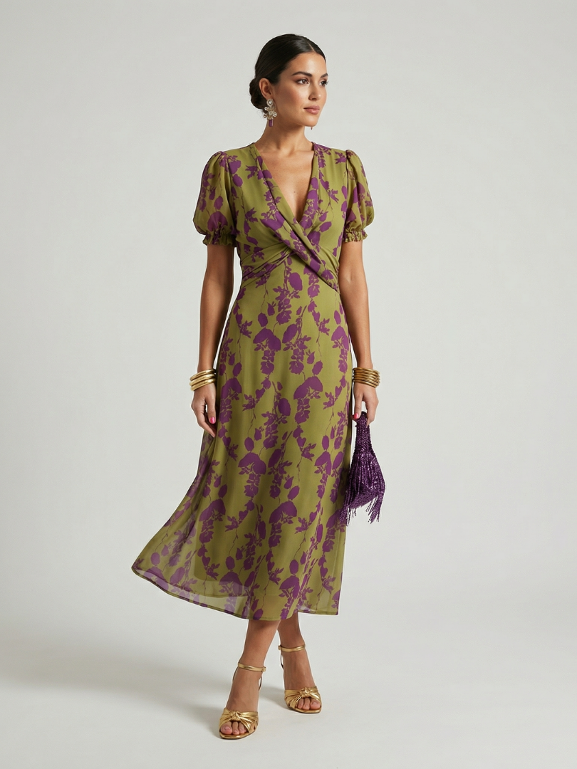 Floral midi wrap dress with V-neck, puff sleeves, and flowing skirt