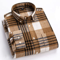 Men’s cotton flannel plaid shirt, brown and tan checks with button front.