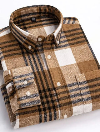 Men’s cotton flannel plaid shirt, brown and tan checks with button front.