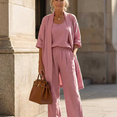 3-piece set in dusty pink with long tunic, square-neck top, and wide-leg pants.