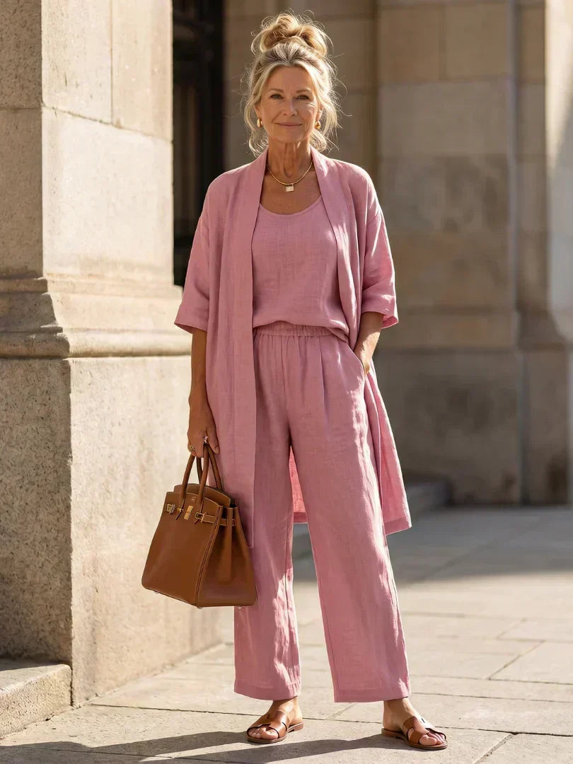 3-piece set in dusty pink with long tunic, square-neck top, and wide-leg pants.
