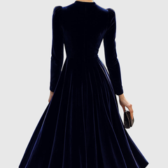 Navy long-sleeve midi dress from back with pleated skirt and fitted waist