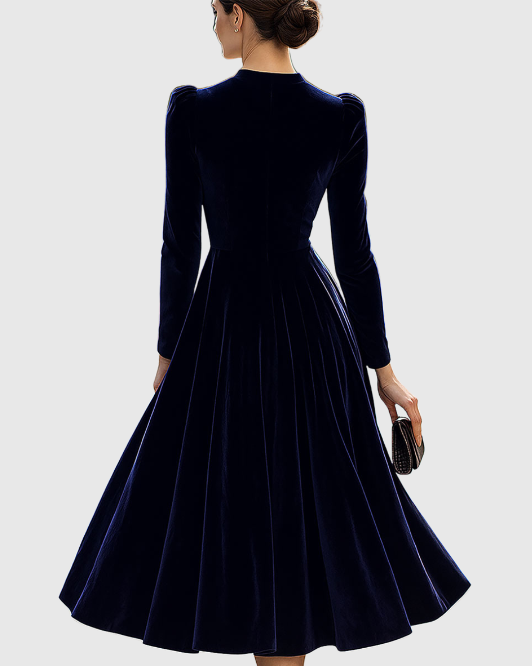 Navy long-sleeve midi dress from back with pleated skirt and fitted waist