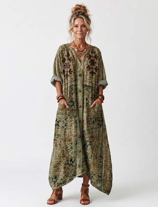 Green button-front embroidered oversized pocket midi dress with V-neck