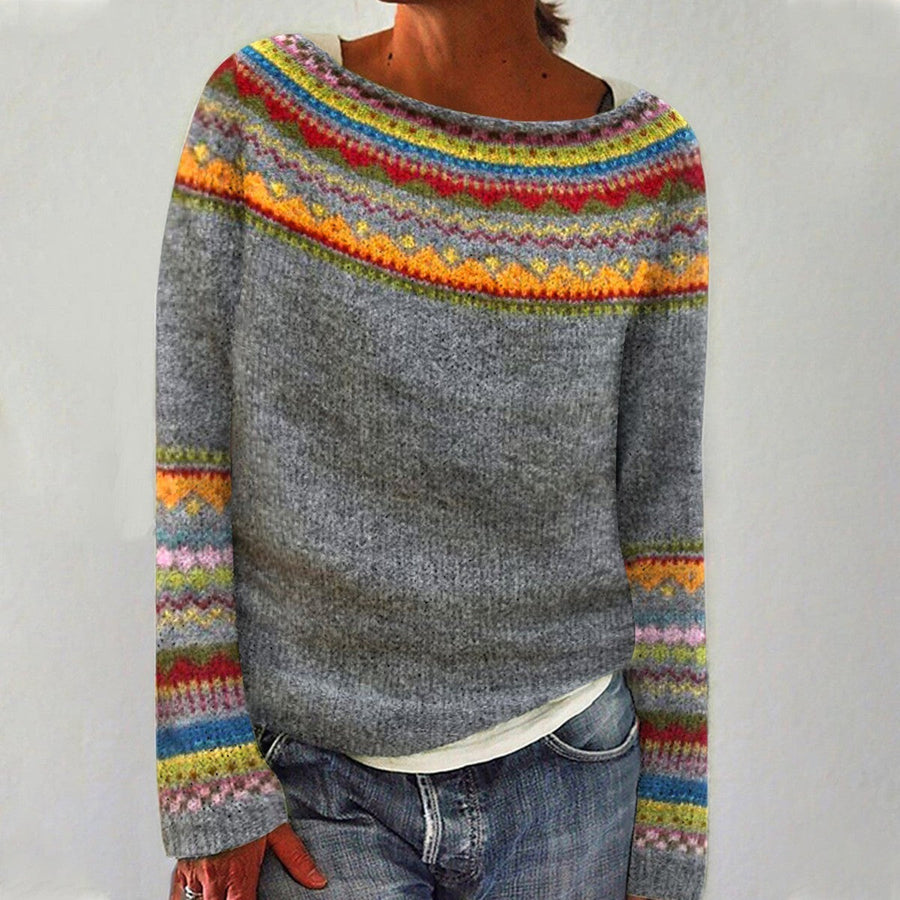 Charlotte™ Nordic knit sweater with gray body and multicolor stripe yoke, long sleeves