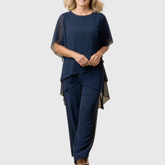 Elara elegant palazzo set in navy blue: layered asymmetrical blouse and wide-leg trousers