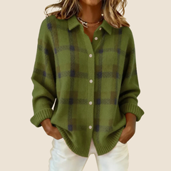 Green plaid button-up cardigan with front buttons and long sleeves