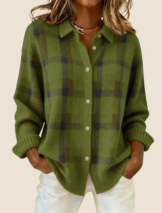 Green plaid button-up cardigan with front buttons and long sleeves