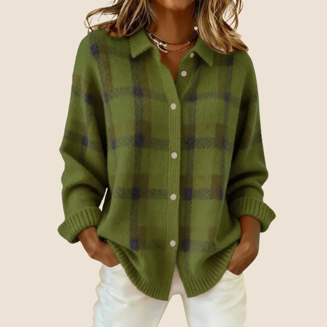 Green plaid button-up cardigan with front buttons and long sleeves