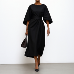 Satin-feel batwing sleeve maxi dress in black, belted waist, flowing draped hem
