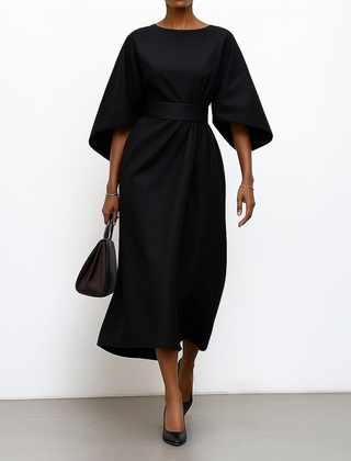 Satin-feel batwing sleeve maxi dress in black, belted waist, flowing draped hem