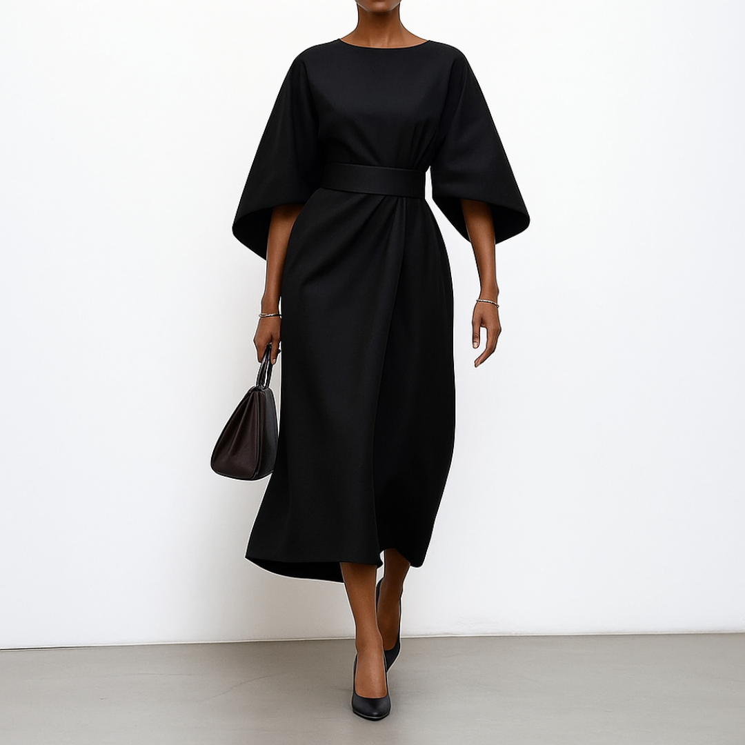 Satin-feel batwing sleeve maxi dress in black, belted waist, flowing draped hem