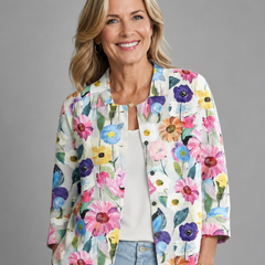 Floral painted daisy blouse with collar, 3/4 sleeves, open front, multicolor on light base