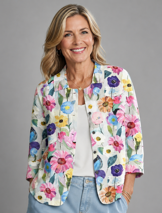 Floral painted daisy blouse with collar, 3/4 sleeves, open front, multicolor on light base