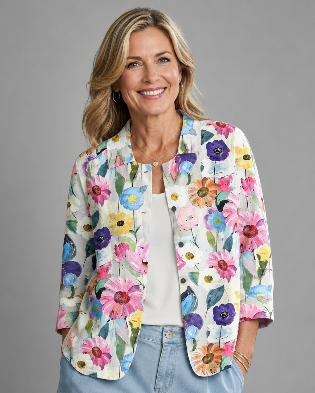 Floral painted daisy blouse with collar, 3/4 sleeves, open front, multicolor on light base