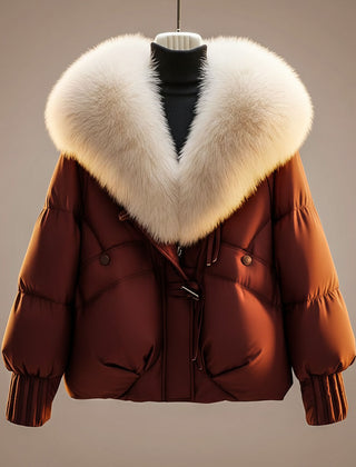 Burgundy puffer coat with cream faux-fur collar trim and zip front