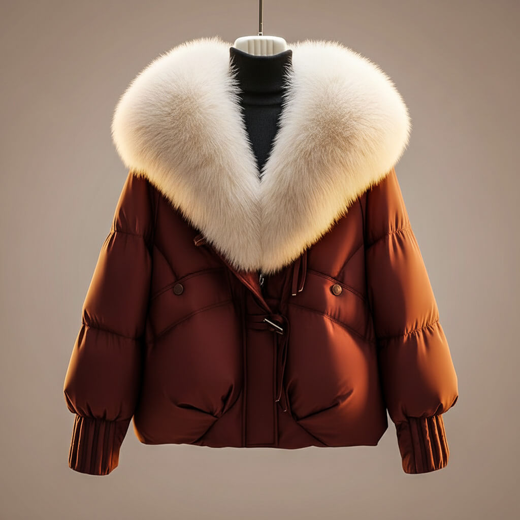 Burgundy puffer coat with cream faux-fur collar trim and zip front