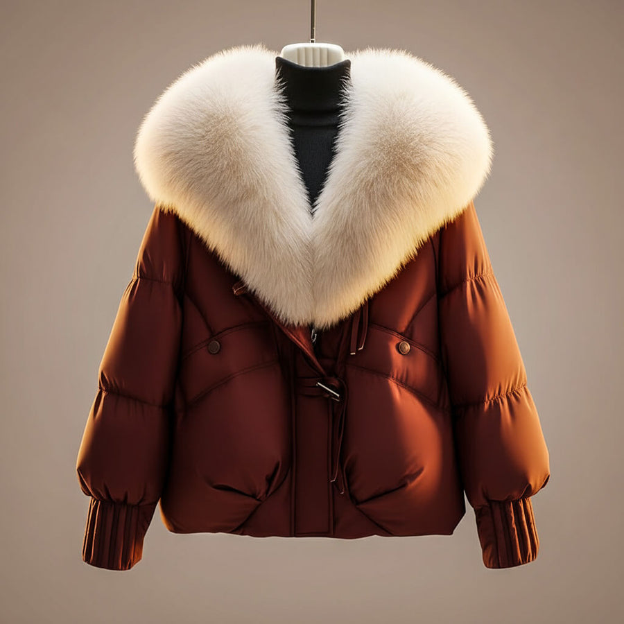 Burgundy puffer coat with cream faux-fur collar trim and zip front