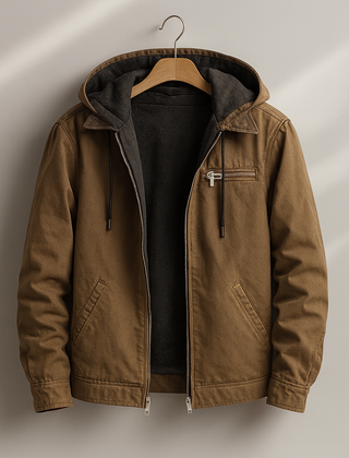 Brown hooded lined jacket with zip front and dark interior lining