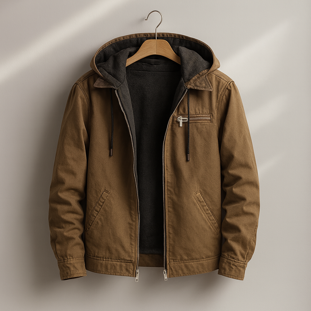Brown hooded lined jacket with zip front and dark interior lining