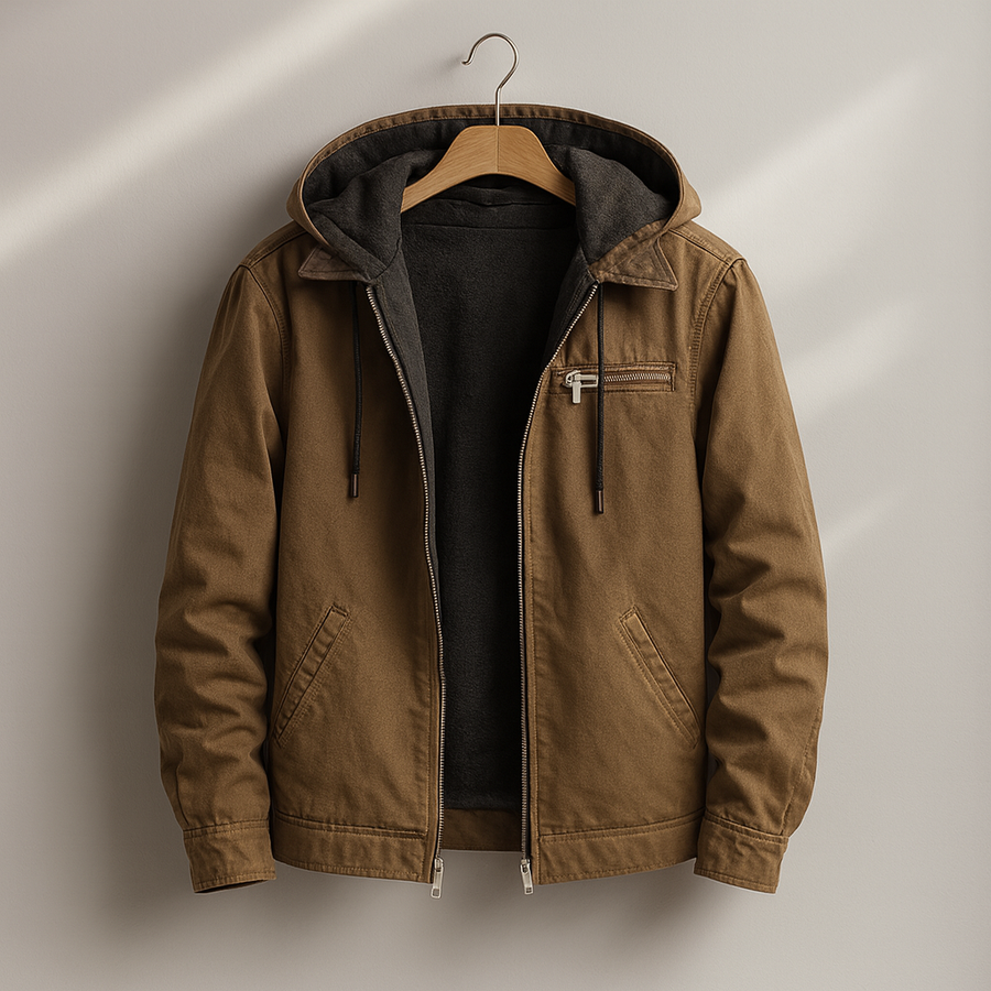 Brown hooded lined jacket with zip front and dark interior lining