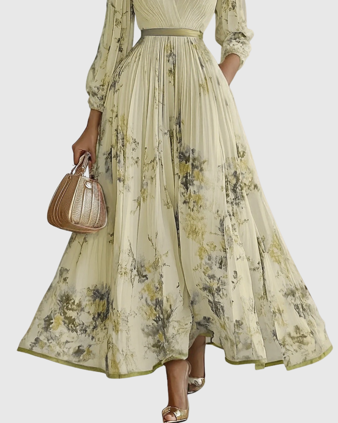 Cream and green floral pleated maxi dress with long sleeves, V-neck and smocked waist